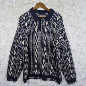 Metropolitan View Mens XL Linen Cotton Knit Polo Sweater Navy Blue Cream Vintage